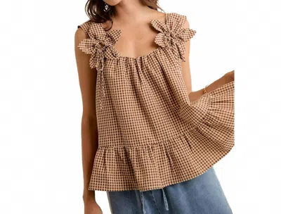 So Me Gingham Flower Sleeve Top In Brown