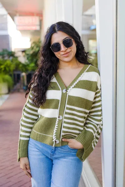 So Me Hidden Potential Striped Cardigan In Olive And Ivory In Green