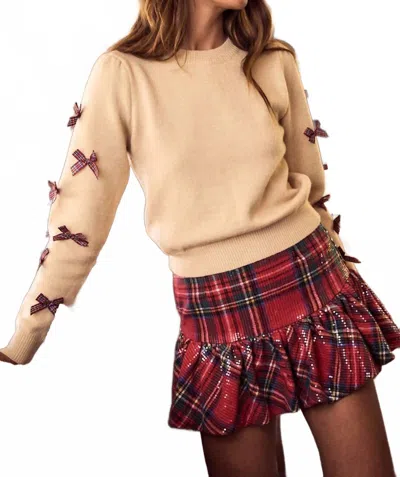 So Me Holiday Christmas Plaid Bow Ribbon Sweater Top In Beige In Neutral