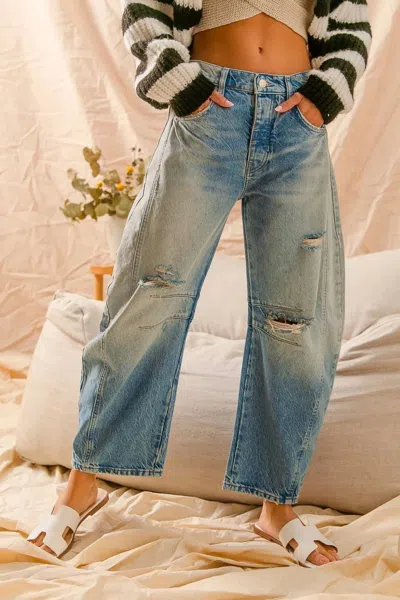 So Me Jackie Mid-rise Distressed Barrel Jeans In Medium Wash Denim In Black
