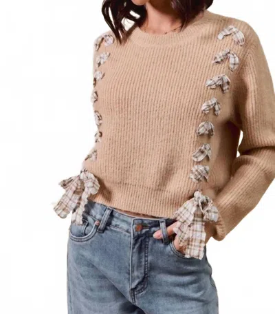 So Me Plaid Bow Sweater In Taupe In Brown