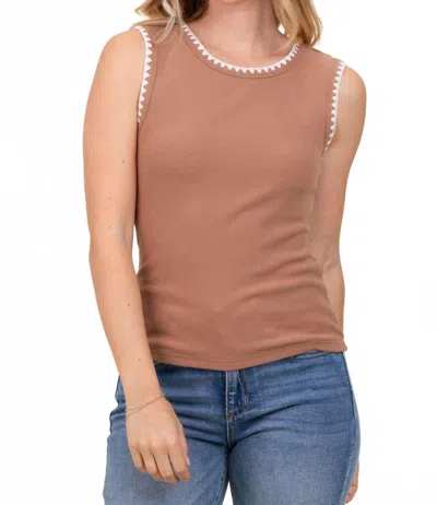 So Me Rib Sleeveless With Embroidery Detail Tank Top In Light Brown/cream In Nude