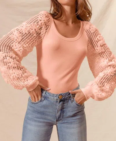 So Me Rib Top With Lace With Floral Detail Balloon Sleeves In Blush In Pink