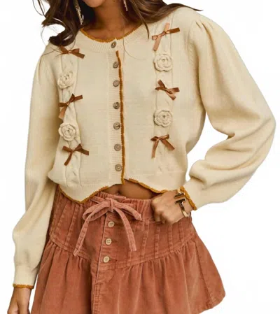 So Me Ribbon And Rose Cardigan In Cream/camel In Brown