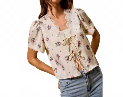 So Me Rose Satin Tie Front Floral Blouse In Ivory In White