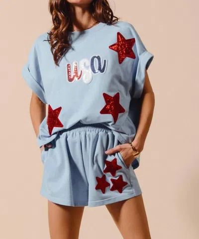 So Me Sequin Usa Top & Bottom Set In Light Blue
