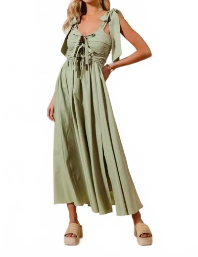 So Me Shirring Bow Tie Midi Dress In Green