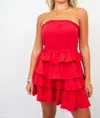 So Me Strapless Ruffle Denim Dress In Red In Red