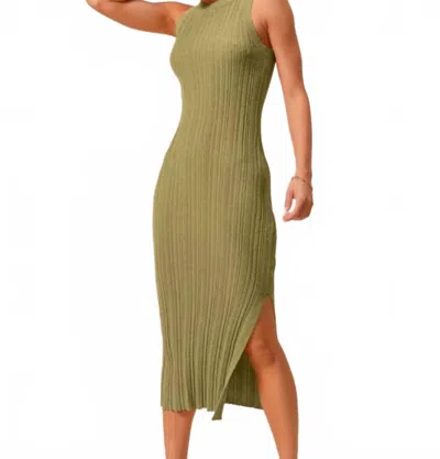 So Me Stretchy Rib Fitted Midi Dress In Light Olive In Green