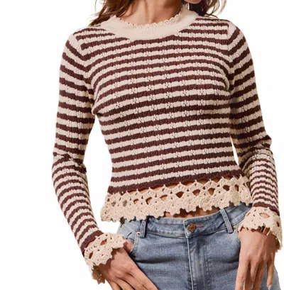 So Me Stripe Crochet Trim Sleeve Sweater In Brown Cream