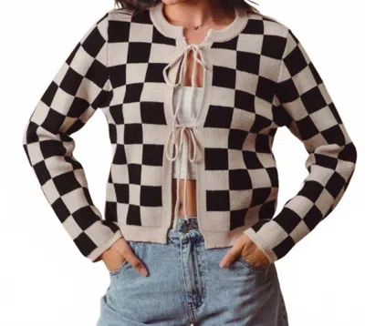 So Me Tie Front Checkered Knit Cardigan In Black White