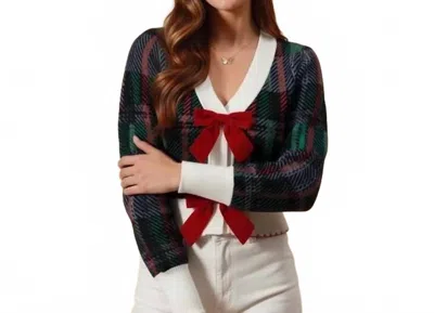 So Me Velvet Bow Holiday Plaid Cardigan In Multi In Black