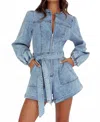 So Me Washed Denim Romper In Blue In Blue