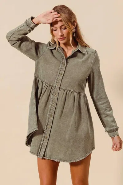 So Me Washed Twill Button Down Shirt Mini Dress In Vintage Olive In Green