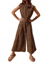 So Me Wide Leg Twill Overalls Jumpsuit In Leopard In Brown