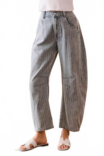 So Me Women's Noa Stripe Mid Rise Barrel Jean In Light Denim In Gray