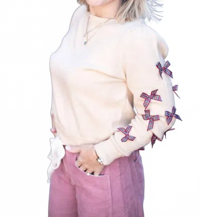 So Me Women's Plaid Bow Sleeve Sweater In Oatmeal In White