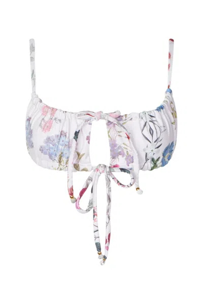 Soah Women's White / Pink / Purple Alice Ruched White Floral Bikini Top In White/pink/purple