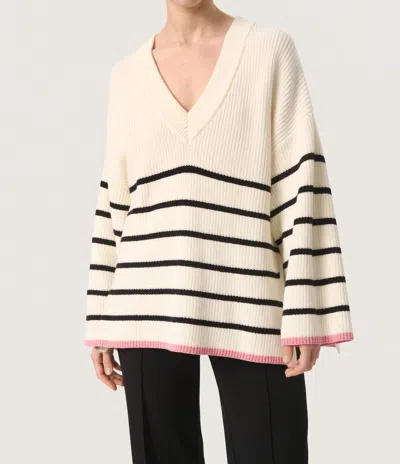 Soaked In Luxury Musling V-neck Loose Fit Pullover Sweater In Whisper White In Multi