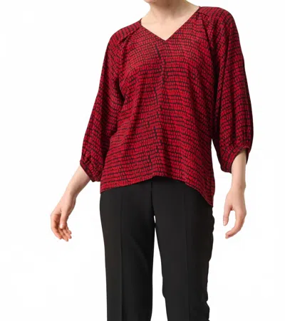 Soaked In Luxury Slalize Three Quarter Sleeve V-neck Blouse In Salsa Square Print In Red