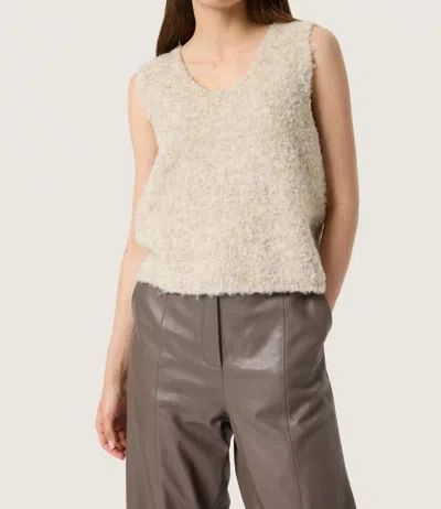 Soaked In Luxury Venessa V-neck Fluffy Knit Waistcoat In Oatmeal Melange In White