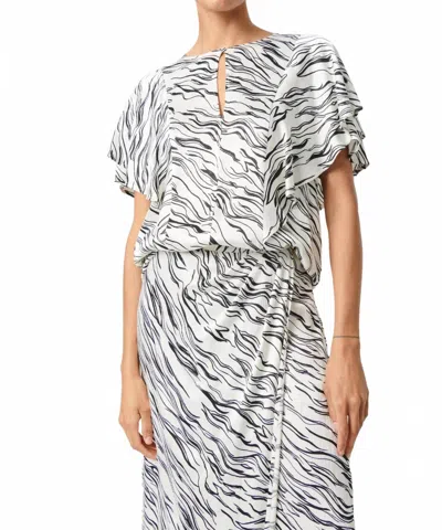 Soaked In Luxury Vinka Ruffle Sleeve Round Neck Blouse In White/black Wave Print In Multi