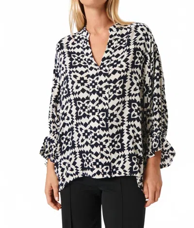 Soaked In Luxury Zaya V-notch Neck Blouse In White And Navy Folklore In Black