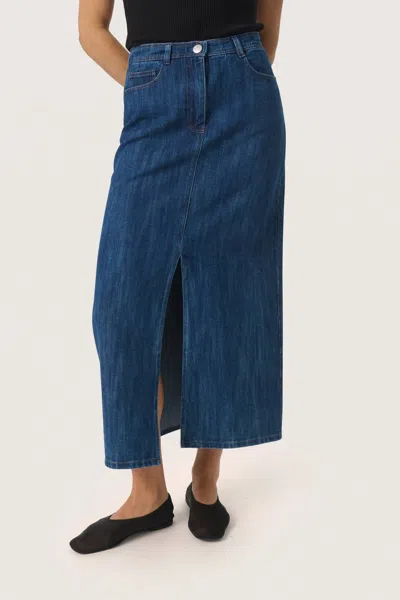 Soaked In Luxury Zianna Maxi Length Skirt In Medium Blue Denim