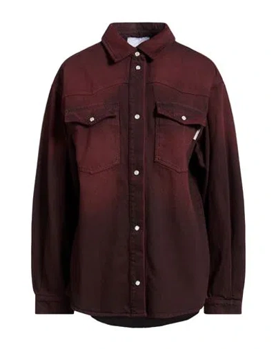 Soallure Woman Denim Shirt Burgundy Size 8 Cotton In Red