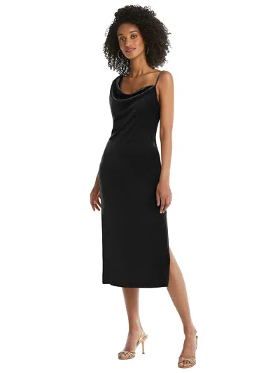 Social Asymmetrical One-shoulder Velvet Midi Slip Dress In Black