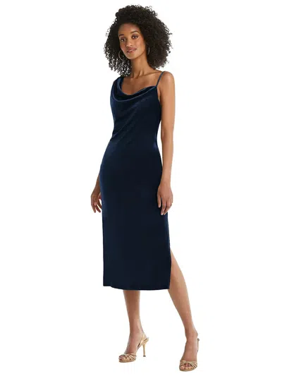 Social Asymmetrical One-shoulder Velvet Midi Slip Dress In Blue