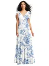 SOCIAL BOW-SHOULDER FAUX WRAP MAXI DRESS WITH TIERED SKIRT
