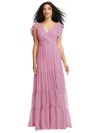 Social Bow-shoulder Faux Wrap Maxi Dress With Tiered Skirt In Pink