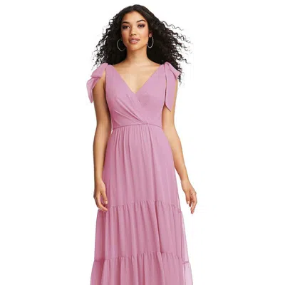 Social Bridesmaid Bow-shoulder Faux Wrap Maxi Dress With Tiered Skirt In Pink