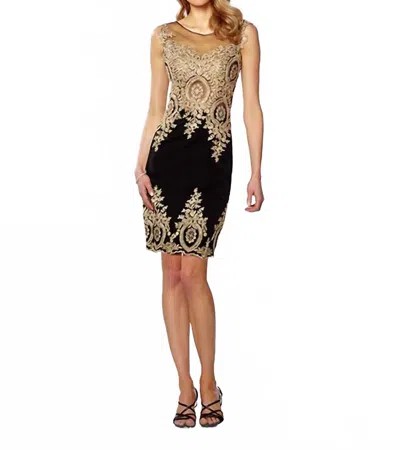 Social Occasions By Mon Cheri Lace Black Cocktail Dress In Gold