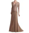 Social Occasions By Mon Cheri Light Coffee Brocade Top Floor Length Gown