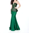 Social Occasions By Mon Cheri Metallic Brocade Peplum Mermaid Long Gown In Green