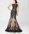 Social Occasions By Mon Cheri Sequined Brocade Lace Nude Strapless Long Gown In Black