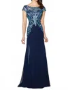 Social Occasions By Mon Cheri Turquoise Lace Top Long Gown In Navy