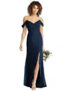 SOCIAL OFF-THE-SHOULDER CRISS CROSS BODICE TRUMPET GOWN