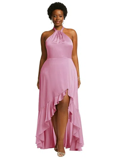 Social Tie-neck Halter Maxi Dress With Asymmetric Cascade Ruffle Skirt In Pink