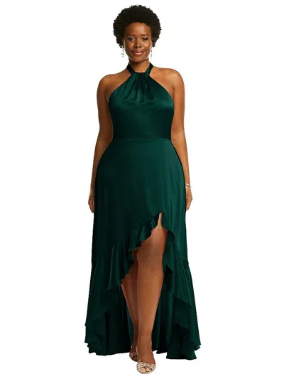 Social Tie-neck Halter Maxi Dress With Asymmetric Cascade Ruffle Skirt In Green