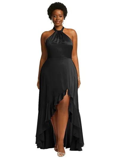 Social Tie-neck Halter Maxi Dress With Asymmetric Cascade Ruffle Skirt In Black