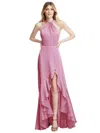 SOCIAL TIE-NECK HALTER MAXI DRESS WITH ASYMMETRIC CASCADE RUFFLE SKIRT