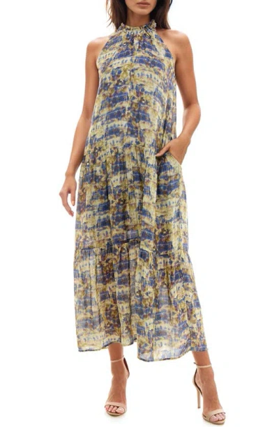 Socialite Abstract Print Sleeveless Maxi Dress In Blue/ Tan