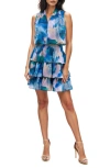 Socialite Abstract Print Sleeveless Tiered Minidress In Blue/ Pink