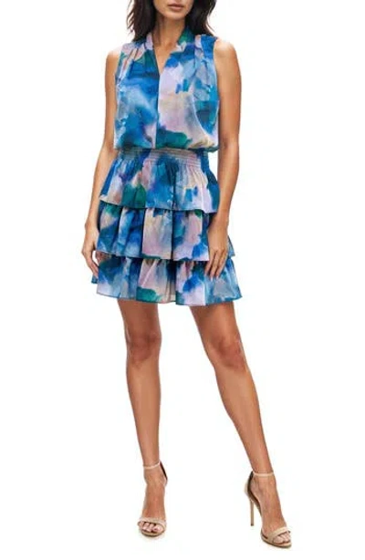 Socialite Abstract Print Sleeveless Tiered Minidress In Blue/ Pink