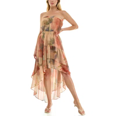 Socialite Abstract Print Strapless High-low Tiered Midi Dress In Multi