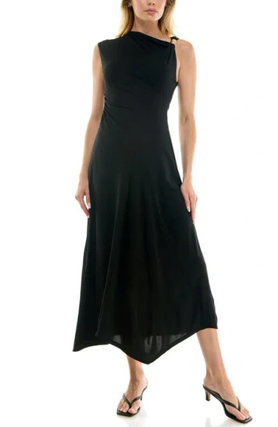 Socialite Asymmetric Side Ruched Midi Dress In Black