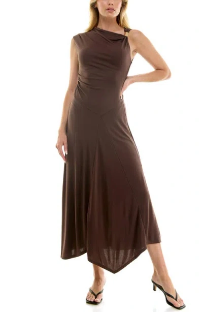 Socialite Asymmetric Side Ruched Midi Dress In Brown